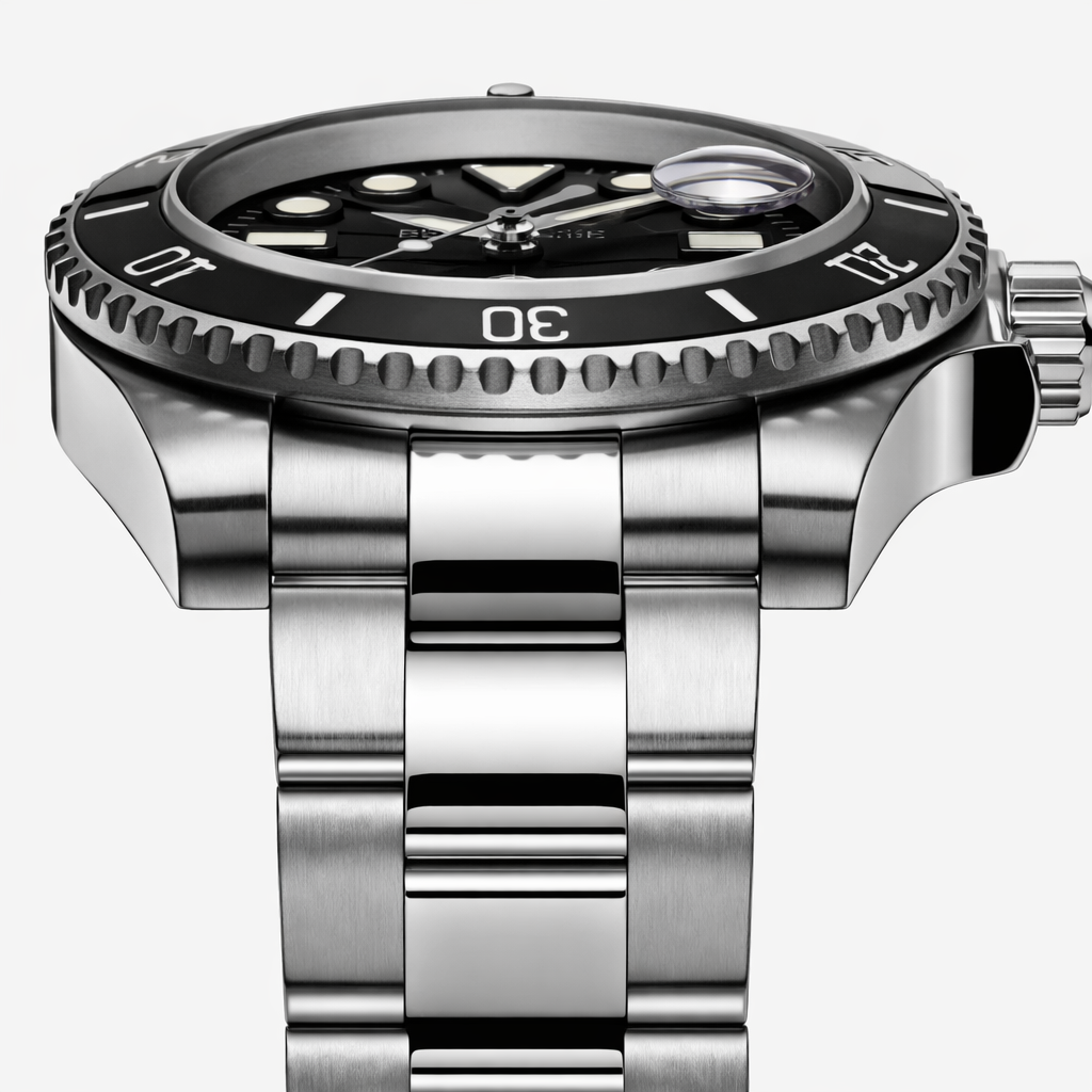Seaforge Men’s Diver Watch – 20Bar Stainless Steel Quartz with luminous markers and robust build shown from a side angle.
