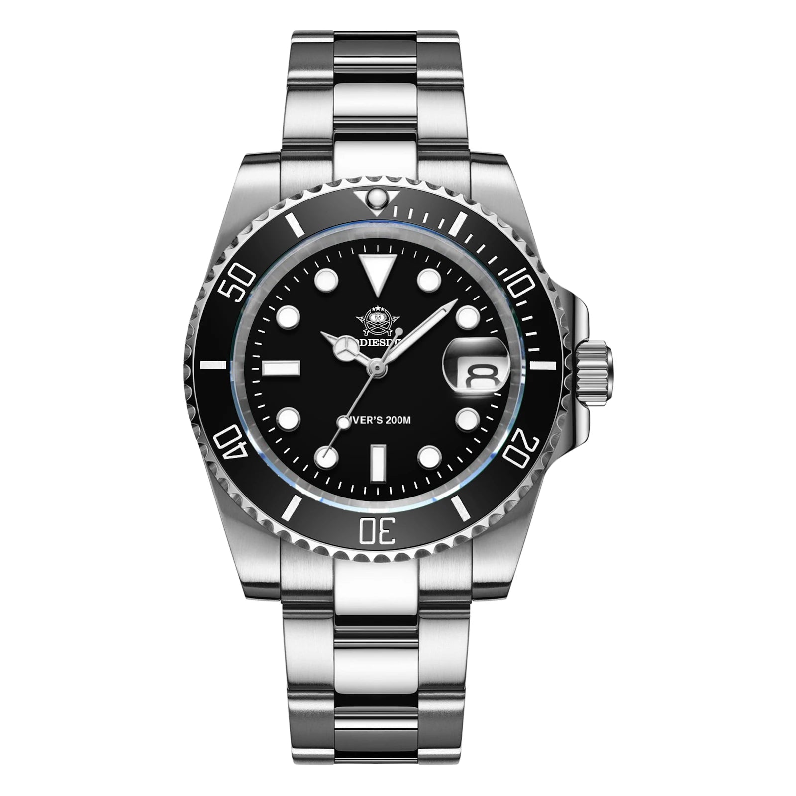 Seaforge Men’s Diver Watch – 20Bar Stainless Steel Quartz, featuring luminous hands and durable design suitable for water activities.
