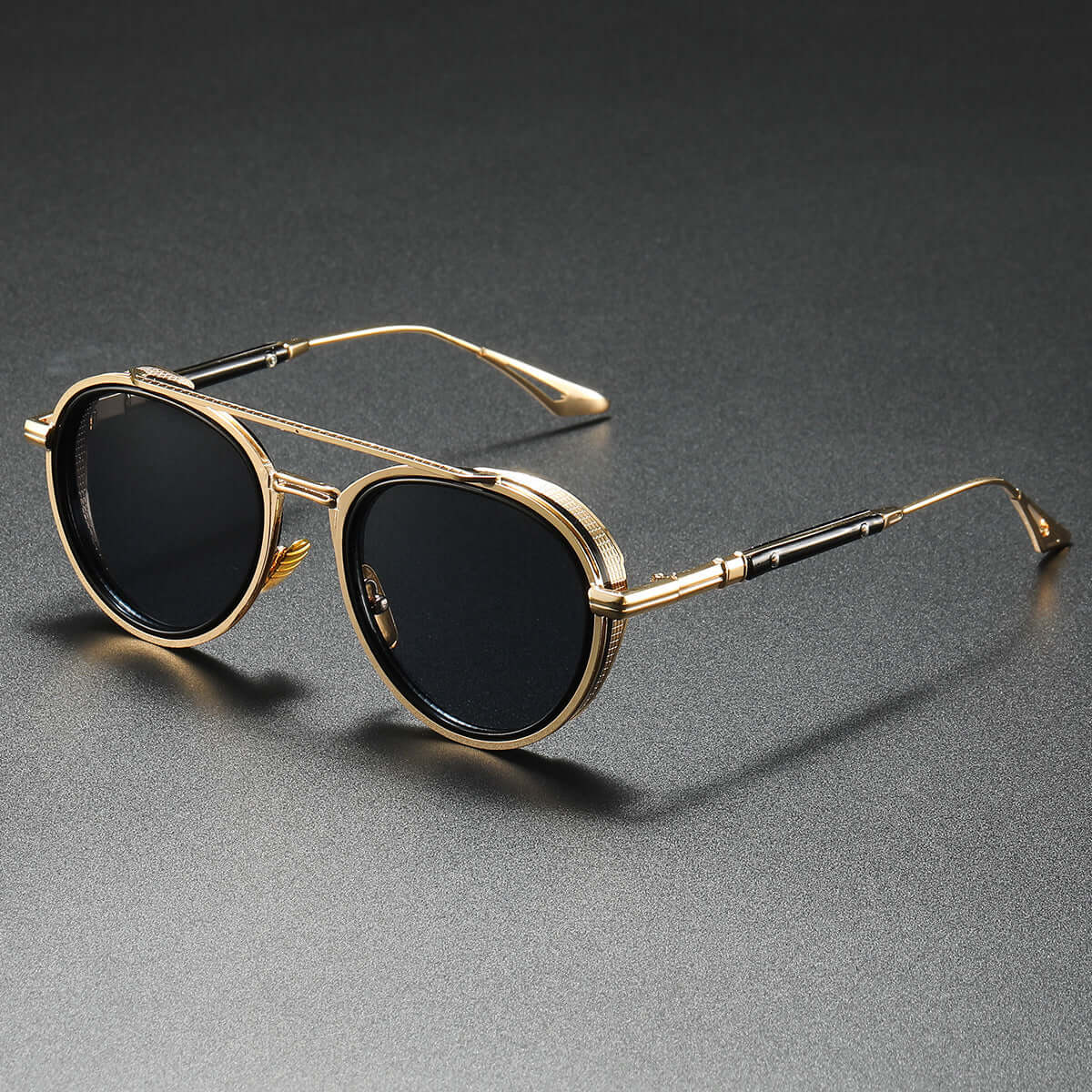Round polarised sunglasses with alloy frame showcasing Altura Signature design on dark background.