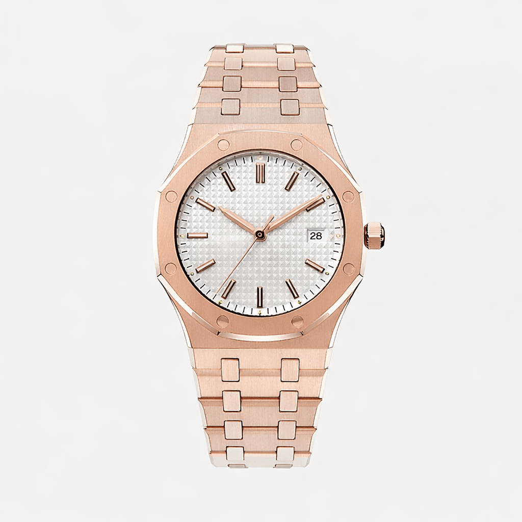 Aurex Sovereign Steel Watch – Premium men's timepiece with rose gold accents and white dial, luxury design for men.