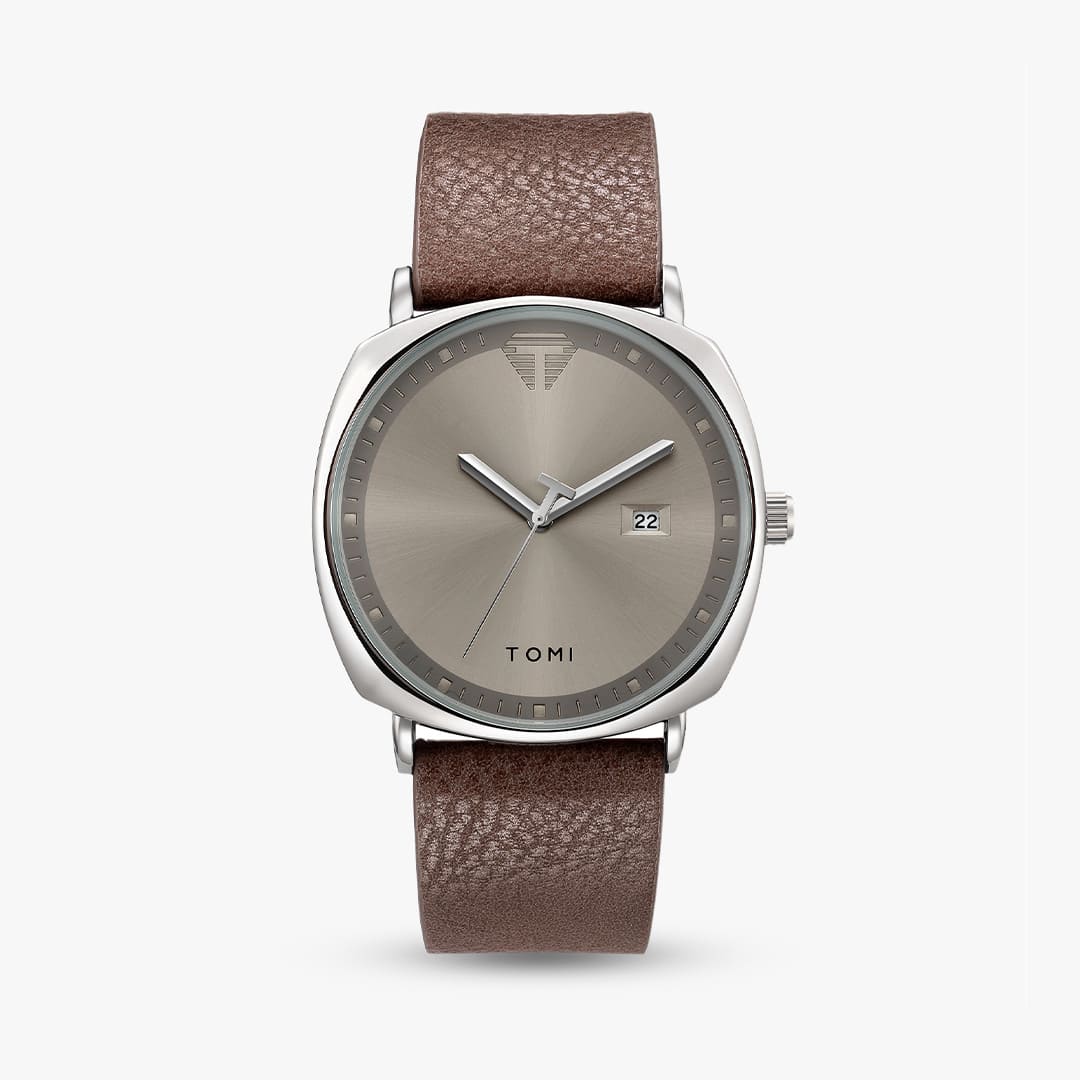 Aurex Milano Heritage Leather watch with brown leather strap and elegant silver dial for men.