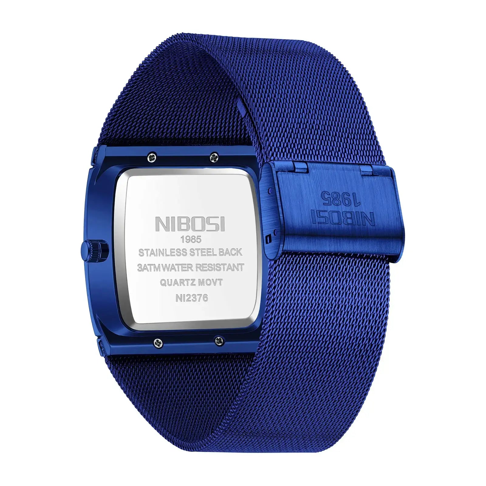 Back view of Square Quartz Watch Blue – Azurix Edge, featuring a stylish deep blue finish and modern square design for a standout look.