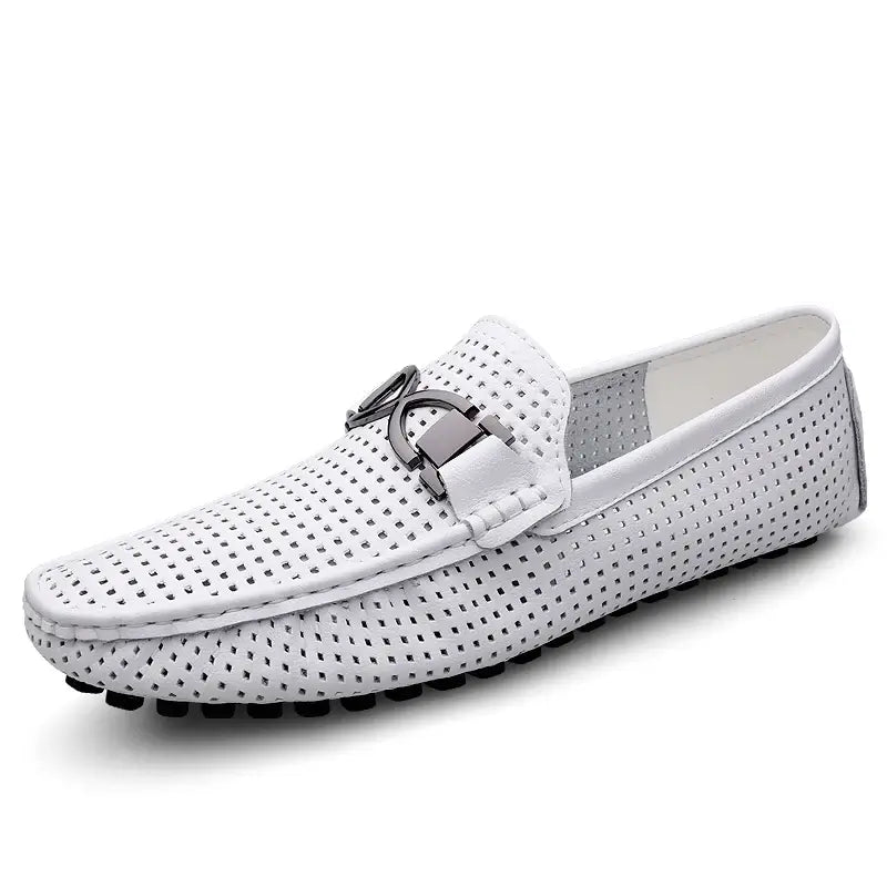 Luxury white perforated men's loafers with buckle detail, featuring elegant design and slip-on comfort. Ideal for upscale fashion and formal wear.