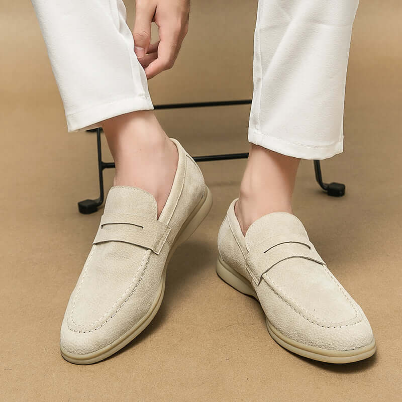 Men's Brando Suede Loafers in premium beige suede, showcasing slip-on design and luxury for formal and casual wear. Elegant and comfortable footbed.