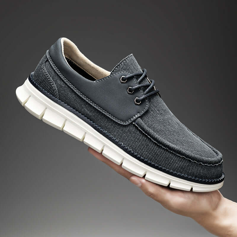 Denton Slip-On Sneakers: Comfortable men's casual sneakers with denim-inspired canvas, lightweight feel, perfect for everyday wear and travel.