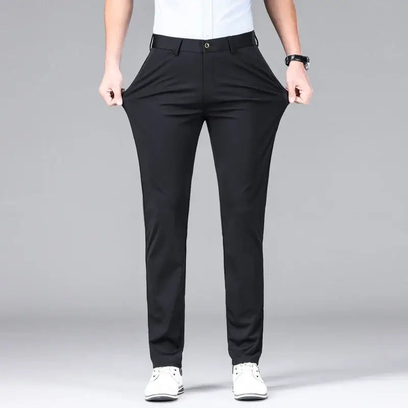 The Everyday Pants for men showcasing flexible fit and breathable ice silk fabric, perfect for casual wear, work, and travel.