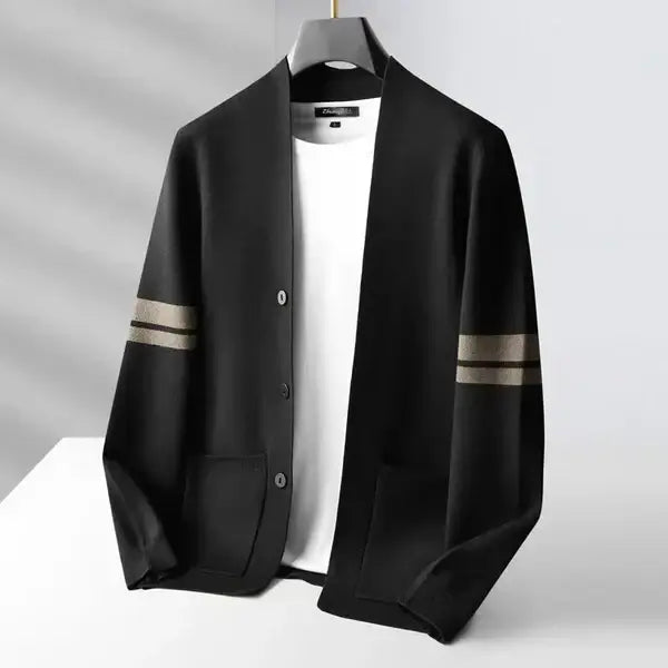 Giancarlo Cardigan in merino wool blend for men’s winter wear, featuring warm minimalist design, sleeve stripes, and front pockets.