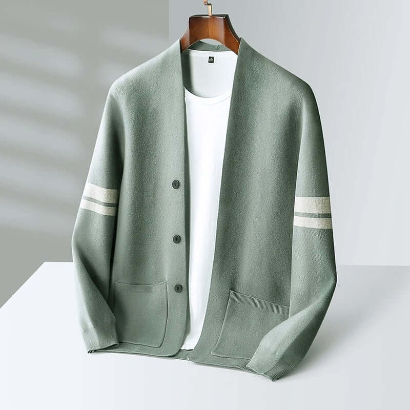 Giancarlo Cardigan for men in soft merino wool blend, featuring minimalist sleeve stripes, ideal warm sweater for winter, layering and comfort.