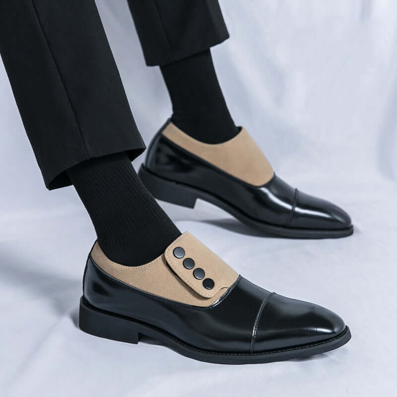 Giotto dual tone men's dress shoes in genuine leather with suede panel, cushioned insole, and sculpted cap toe silhouette.