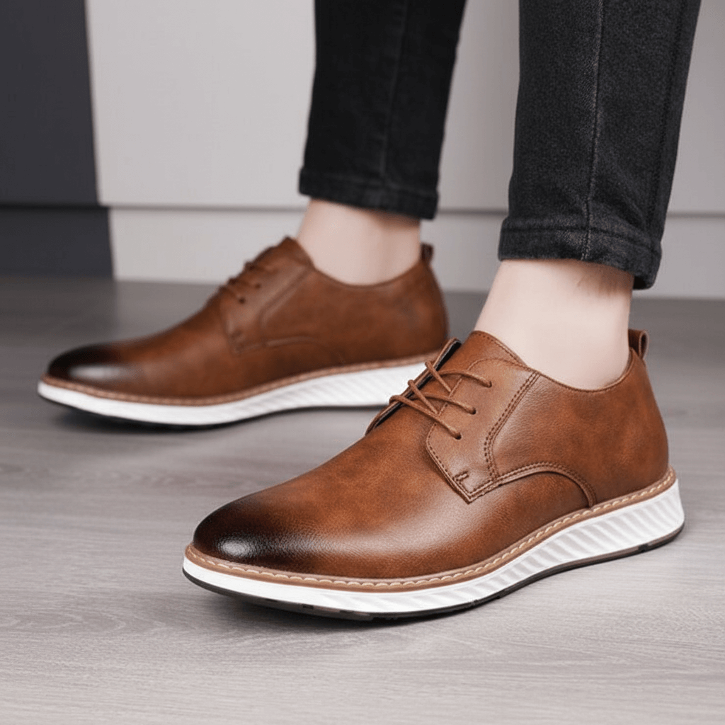Person wearing Livorno Hybrid Shoes, genuine leather slip-ons with cushioned footbed and flexible sole, perfect for casual and business wear.