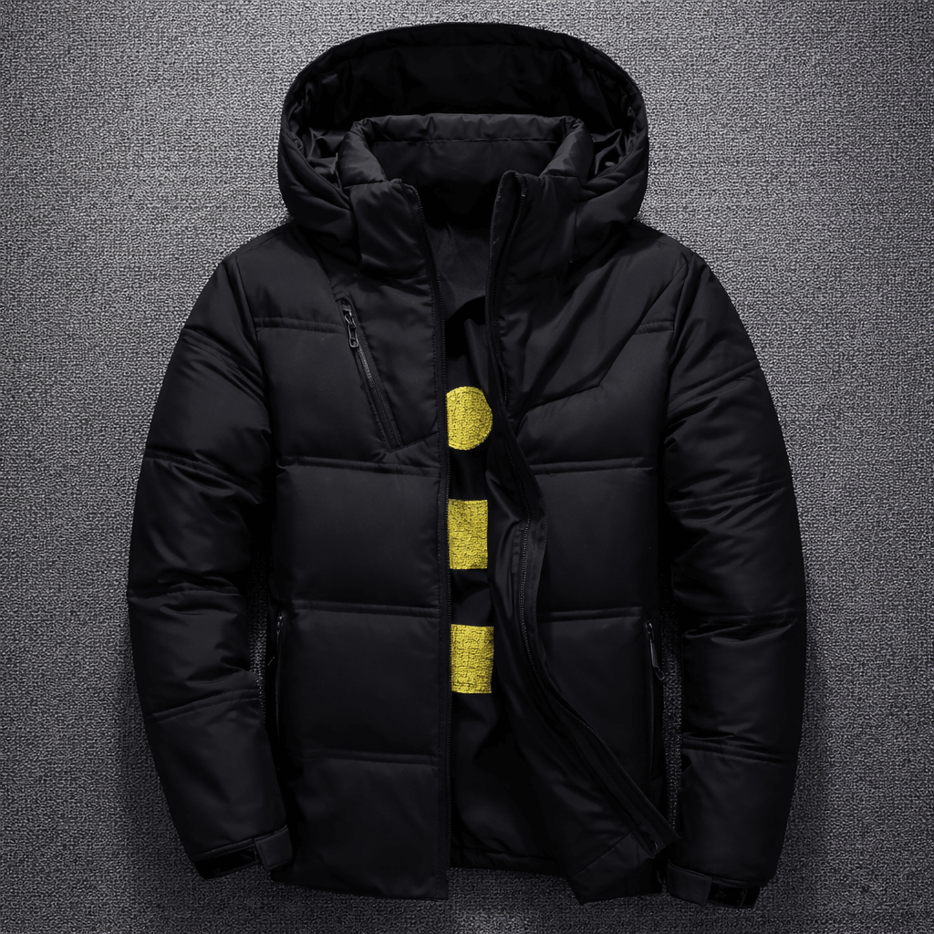 Mens Winter Down Jacket - Arctic Urban, black color, with hood and zipper, displayed against gray background