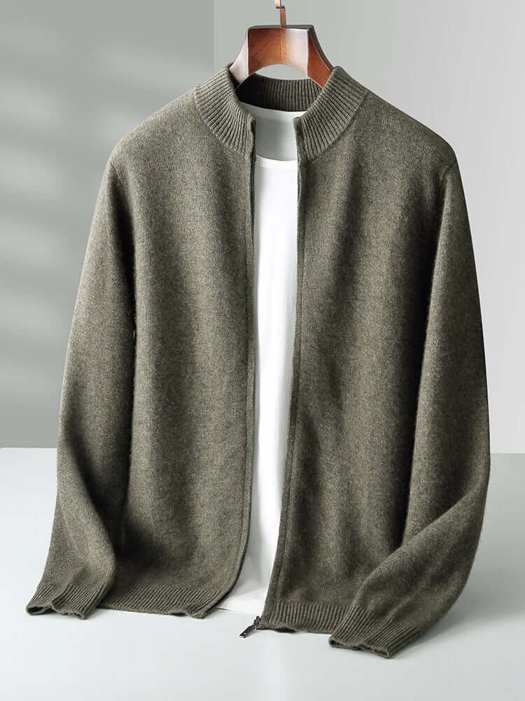 Merino Crest Cardigan for men in olive green, showcasing seamless 100% merino wool design, perfect knitted sweater for winter warmth and comfort.