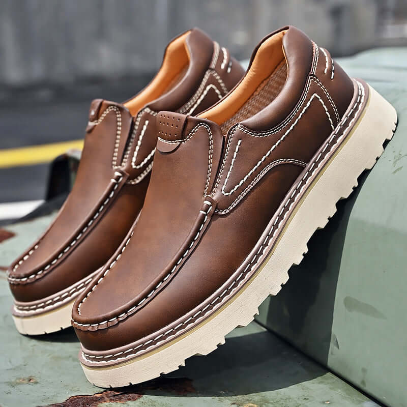Monza Leather Loafers with premium cow leather, showcasing a structured silhouette, durable rubber outsole, slip-on comfort, and meticulous stitching.