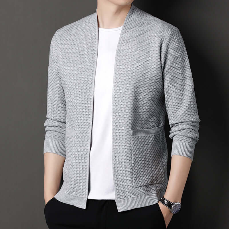 Orvieto Cardigan for men - grey geometric knit, cozy wool-blend, open front, perfect winter layering, warm sweater, stylish winter knitwear.
