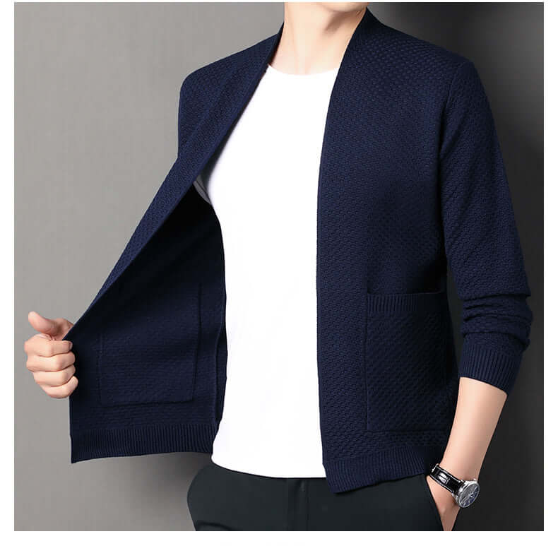 Orvieto Cardigan in navy blue, men's warm sweater with geometric knit, featuring open front and pockets, perfect for cozy winter layering.