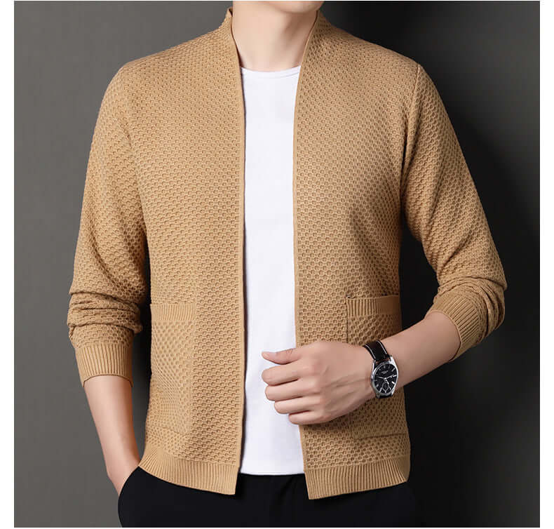 Orvieto Cardigan showcasing warm wool-blend knit with a geometric pattern, open front design, perfect for men's winter style and layering.