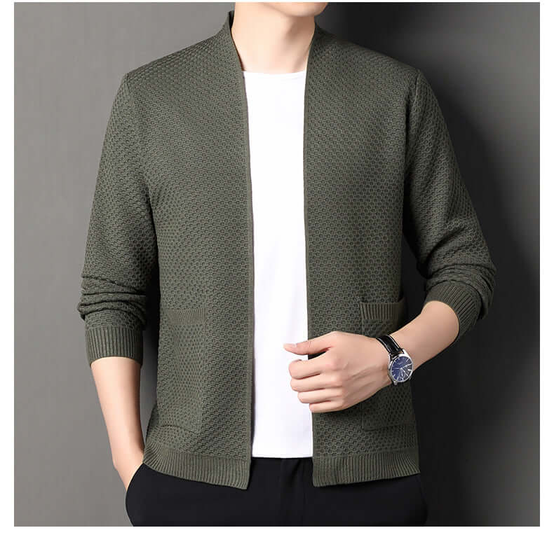 Orvieto Cardigan for men, showcasing a stylish geometric knit in a warm wool-blend, ideal for cozy layering and everyday winter wear.