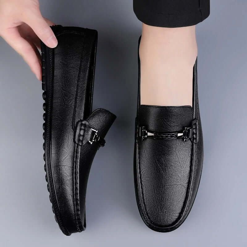 Pienza Genuine Leather Loafers with sleek metallic rope accent, showcasing premium slip-on comfort and formal style for men.