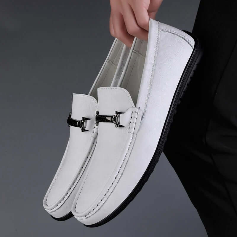 Pienza Genuine Leather Loafers with metallic detail, premium slip-on men’s shoes, perfect for formal occasions, luxury and comfort in white leather.