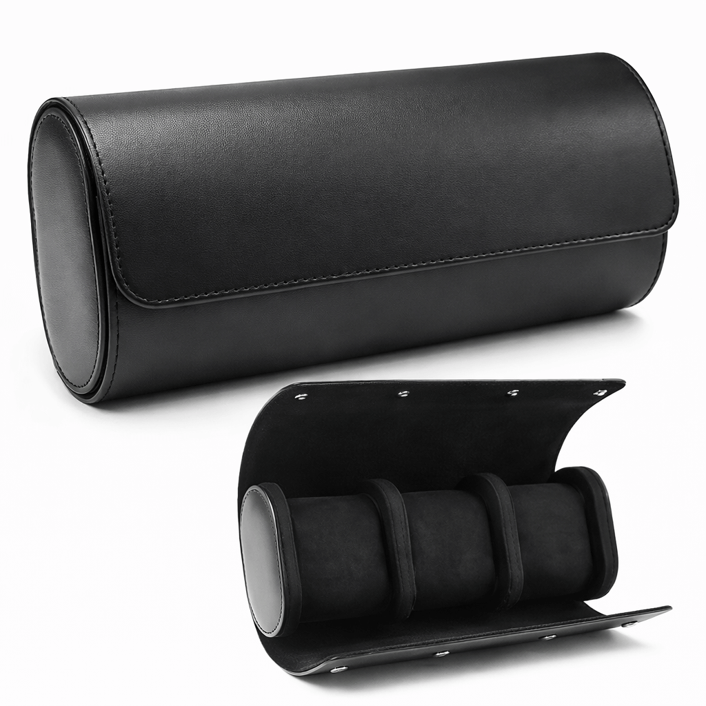 Premium Leather Watch Roll Travel Case - Secure Storage Organizer, elegant black design for watch protection and travel convenience