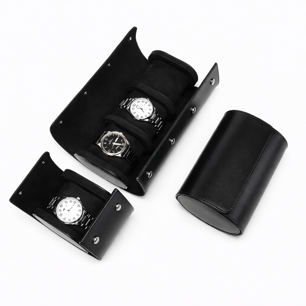 Premium Leather Watch Roll Travel Case - Secure Storage Organizer with watches displayed inside, offering elegant protection and style.