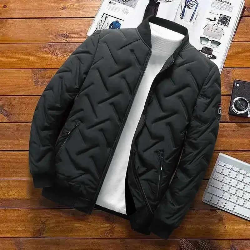Black Puffer Jacket for Men Windproof Thermal Coat displayed on a wooden surface with accessories, perfect for winter warmth.