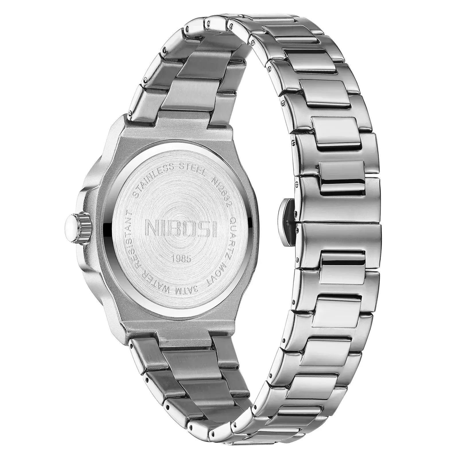 Back view of Rivano Prestige 40 luxury quartz watch for men with stainless steel bracelet