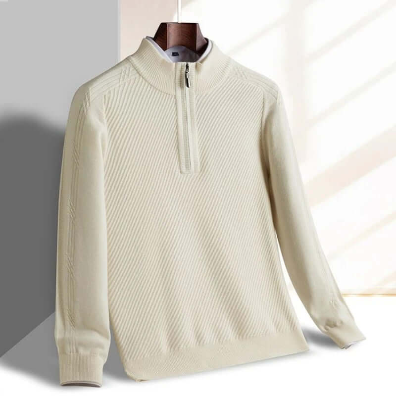 Renato Ribbed Sweater in cream, a wool-blend half-zip for men. Warm, cozy knitwear perfect for winter layering and everyday wear.