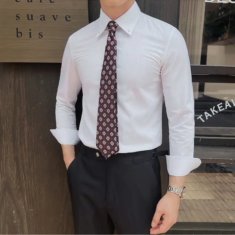 Savile Dress Shirt in white with subtle stripes, tailored fit, perfect for modern style, men's casual shirts, breathable everyday comfort