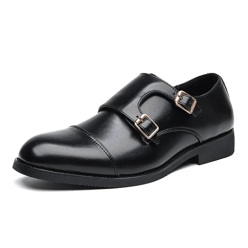 Stratton Dress Shoes in black genuine leather with polished finish and double monk strap design for formal wear.