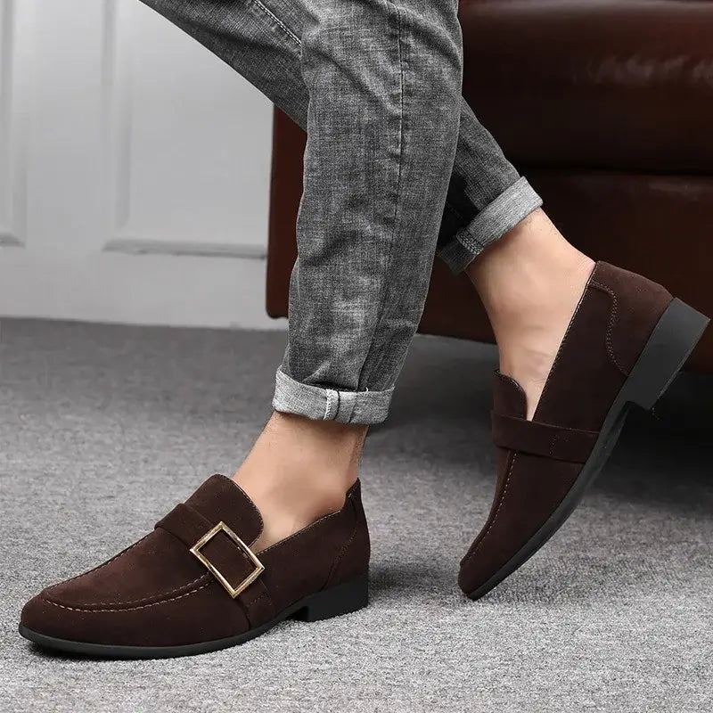 Men's Suede Signature Loafers with metal buckle, showcasing elegant slip-on design and luxury formal style.