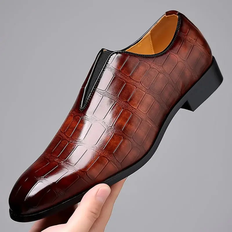Trento Genuine Leather Loafers in polished finish, showcasing elegant slip-on design and luxurious crocodile texture for men's formal style.