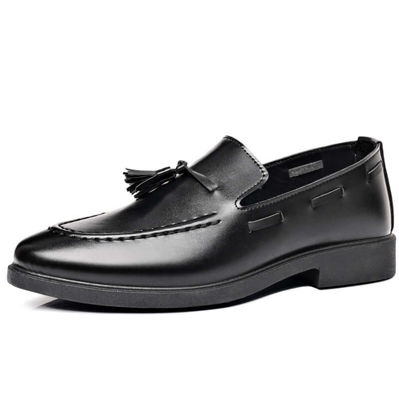 Valente Leather Tassel Loafers in premium black synthetic leather with a sleek tassel design, perfect for men's formal occasions and slip-on comfort.