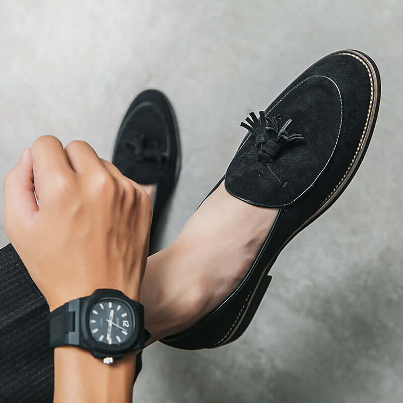 Valenti Italian Suede Loafers with tassel detailing, showcasing luxury men's slip-on leather shoes for formal occasions.