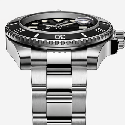Seaforge Men’s Diver Watch – 20Bar Stainless Steel Quartz with luminous markers and robust build shown from a side angle.