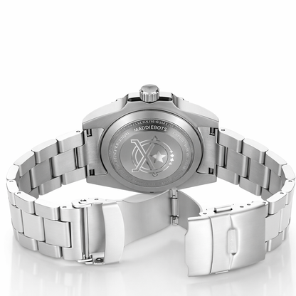 Back view of Seaforge Men’s Diver Watch – 20Bar Stainless Steel Quartz showing stainless steel bracelet and engraved caseback detail.