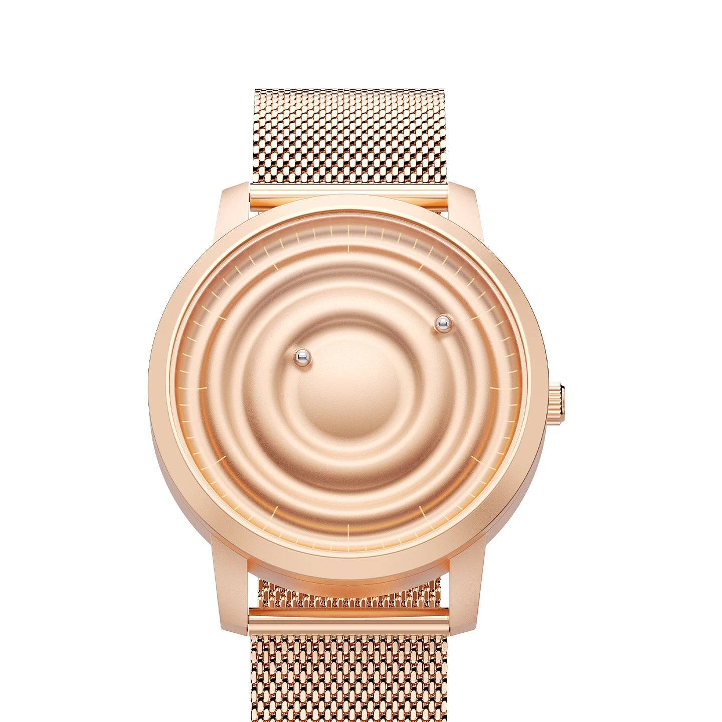 Orbitra Magnetic Watch with a gold mesh band, featuring a unique magnetic ball system for time display, minimalist design.