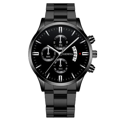 Eclipse Men’s Quartz Watch – Calendar Dial with sleek black face and steel bracelet, featuring numberless dial and practical calendar display.