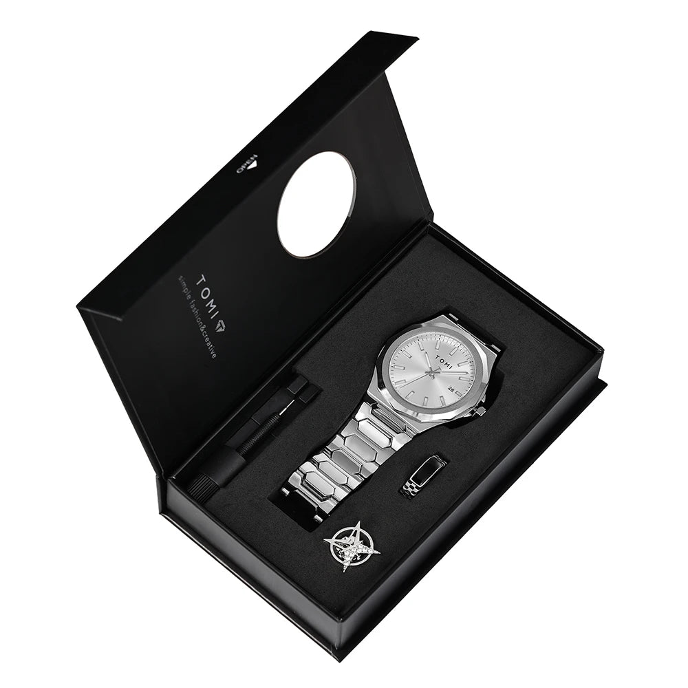 Northport Business Watch in gift box with quartz movement, stainless steel band, and complete calendar display.