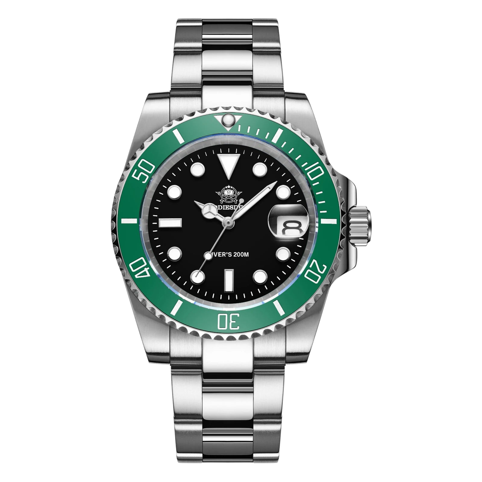 Seaforge Men’s Diver Watch – 20Bar Stainless Steel Quartz with green bezel, showcasing luminous hands and 20Bar water resistance.