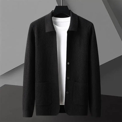 Archer Cardigan, men's winter sweater, warm knitted design with ribbed texture, tailored collar, and deep pockets, ideal for cozy layering.