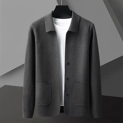 Archer Cardigan for men - warm ribbed knit sweater with tailored collar and deep pockets, perfect for winter layering and everyday comfort.