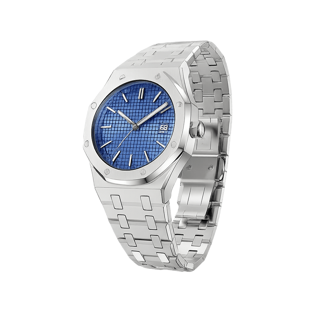 Aurex Sovereign Steel Watch, premium men's timepiece with silver band and blue dial, showcasing elegant and sophisticated design.