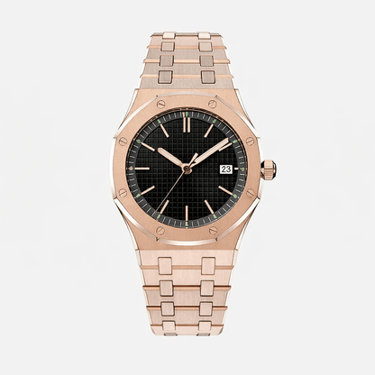 Aurex Sovereign Steel Watch – Premium men's timepiece with elegant rose gold finish and black dial
