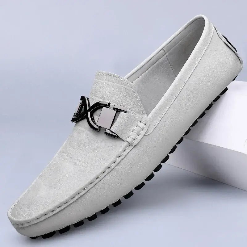 Benson Leather Loafers in white, men's luxury slip on leather shoes with cushioned footbed and high-grade rubber outsole for formal elegance.