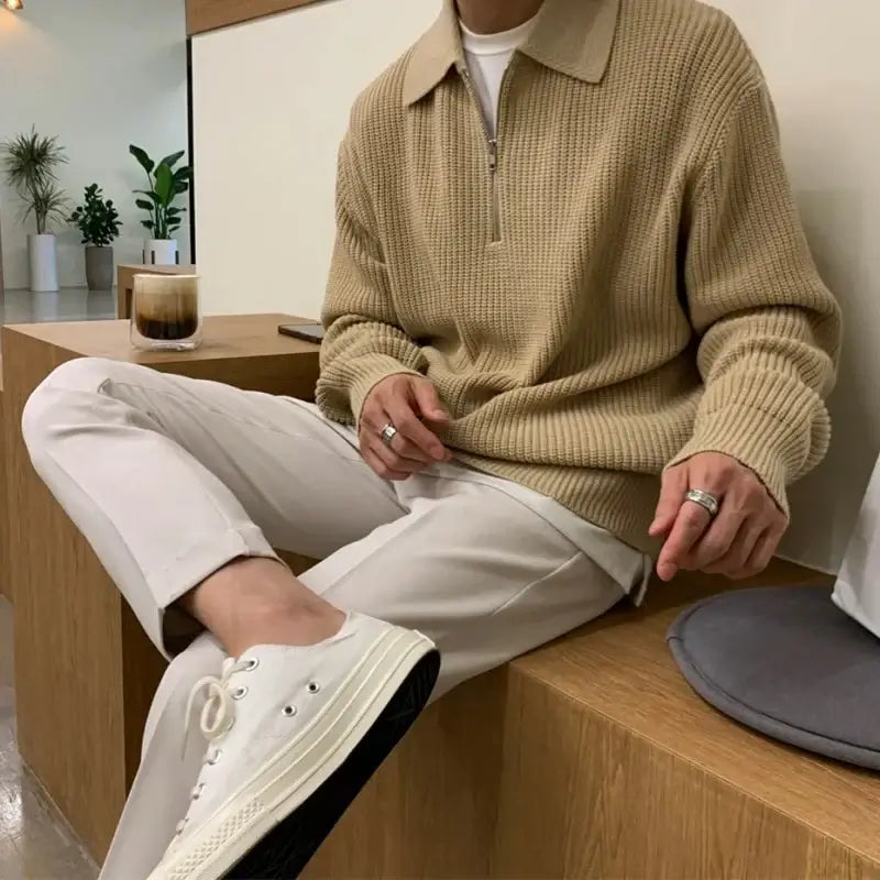 Briar Quarter Zip Sweater in soft jacquard knit, showcasing a relaxed fit for men's winter style, perfect for layering and everyday wear.