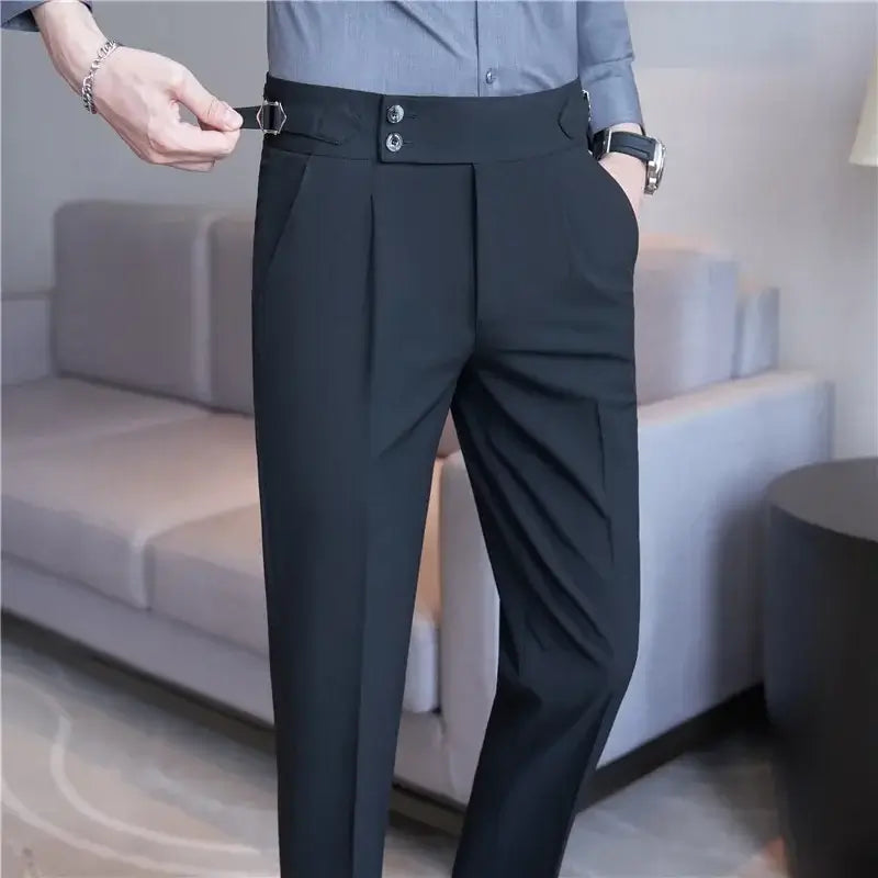 Brighton Pants: Premium men's casual trousers showcasing high-waisted, wrinkle-resistant, flexible fit for work, travel, and everyday comfort.