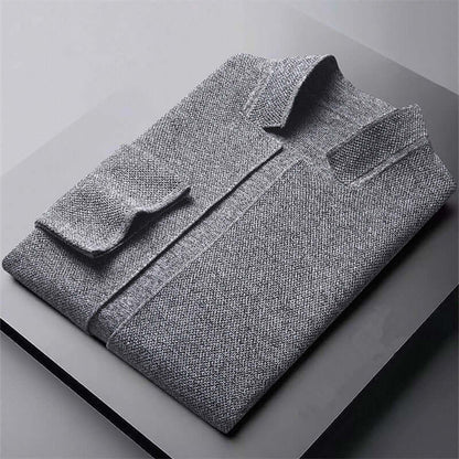 D’Avorio Knit Cardigan in grey, a warm men's winter sweater with stand collar, perfect for cozy layering and seasonal comfort.