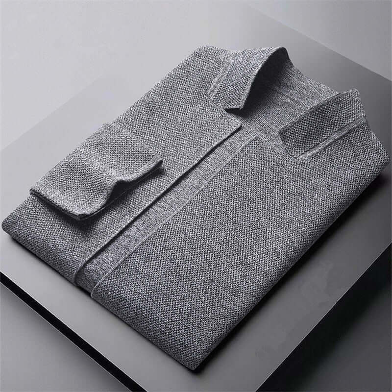 D’Avorio Knit Cardigan in grey, a warm men's winter sweater with stand collar, perfect for cozy layering and seasonal comfort.