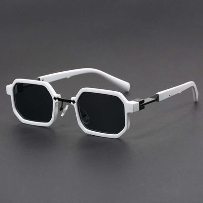 White octagonal sunglasses for men with bold, modern design on a dark background.